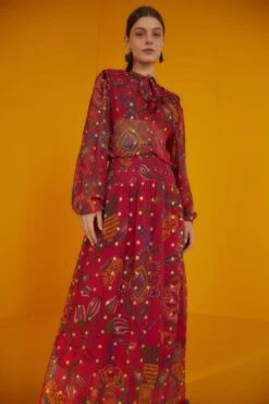 Farm Rio Red Sunset Tapestry Embroidered Maxi Dress
