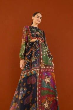 Farm Rio Shiny Mixed Scarves Cut Out Midi Dress