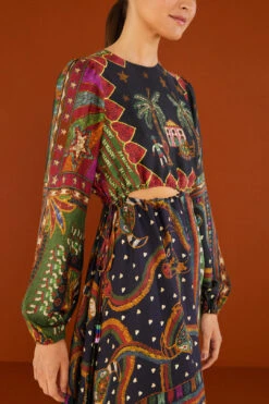 Farm Rio Shiny Mixed Scarves Cut Out Midi Dress -Farm Rio 303802 03 1