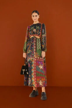 Farm Rio Shiny Mixed Scarves Cut Out Midi Dress -Farm Rio 303802 04 1