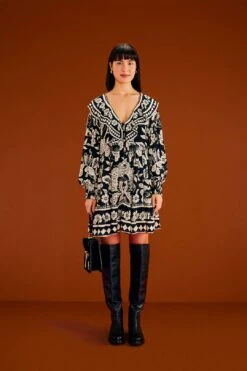 Farm Rio Black Graphic Floral Mini Dress