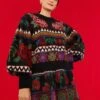 Farm Rio Black Flower Tapestry Embroidered Sweater