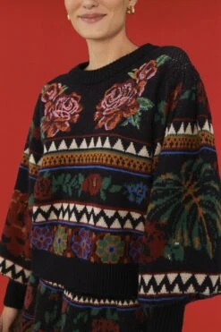 Farm Rio Black Flower Tapestry Embroidered Sweater -Farm Rio 304175 03