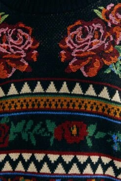 Farm Rio Black Flower Tapestry Embroidered Sweater -Farm Rio 304175 05