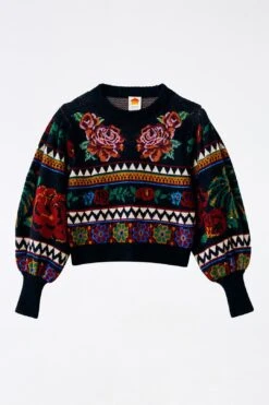 Farm Rio Black Flower Tapestry Embroidered Sweater -Farm Rio 304175 06