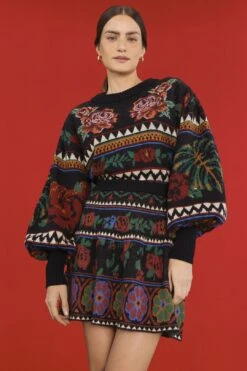 Farm Rio Black Flower Tapestry Sweater Skirt