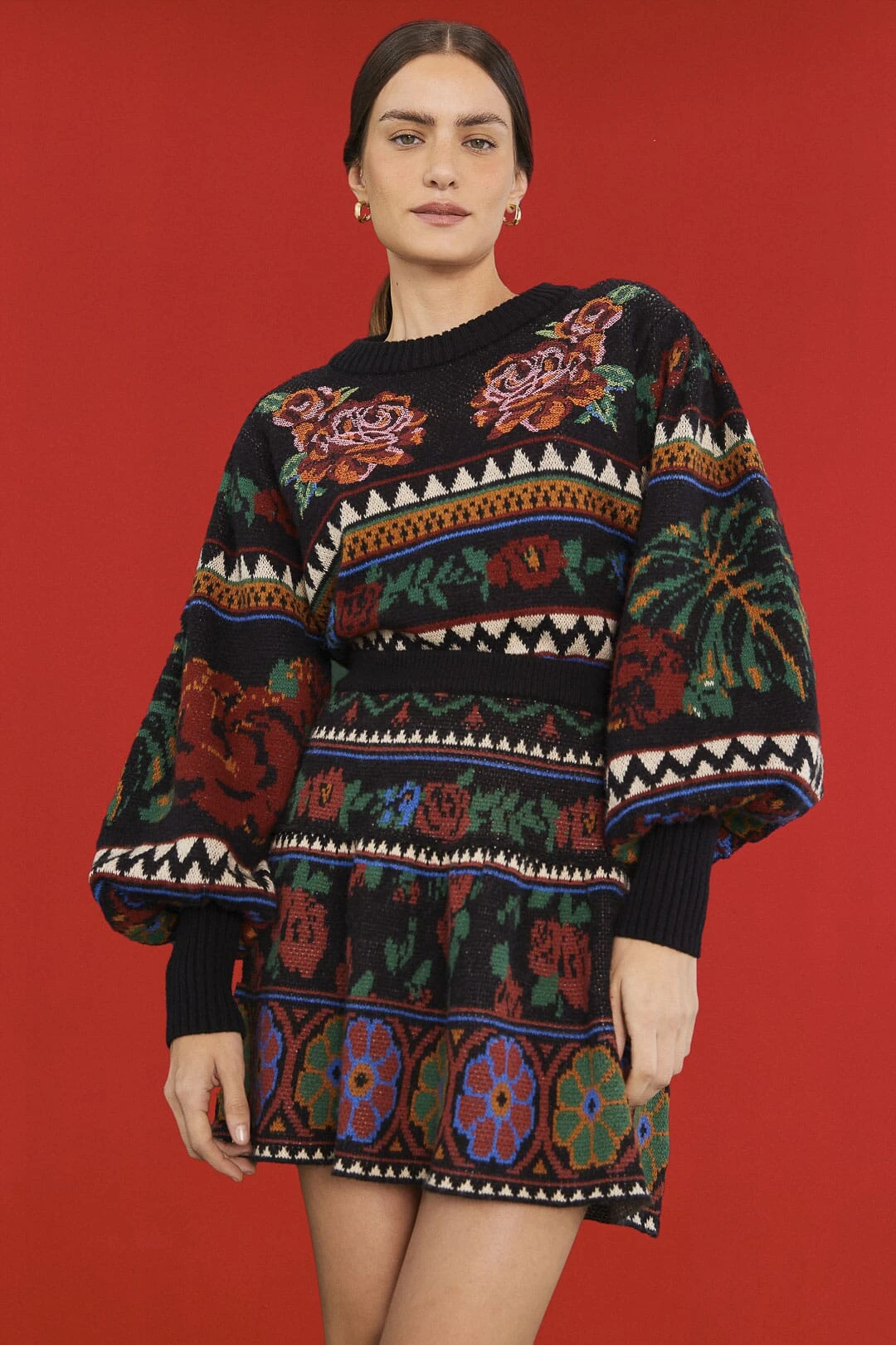 Farm Rio Black Flower Tapestry Sweater Skirt 1 Farm Rio Black Flower Tapestry Sweater Skirt