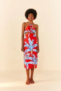 Farm Rio Red Sweet Jungle Cut Out Midi Dress