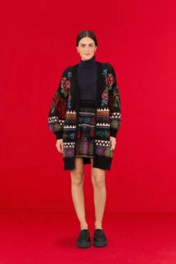 Farm Rio Black Flower Tapestry Cardigan