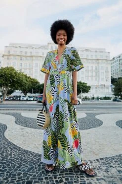 Farm Rio Blue Striped Bananas Jumpsuit