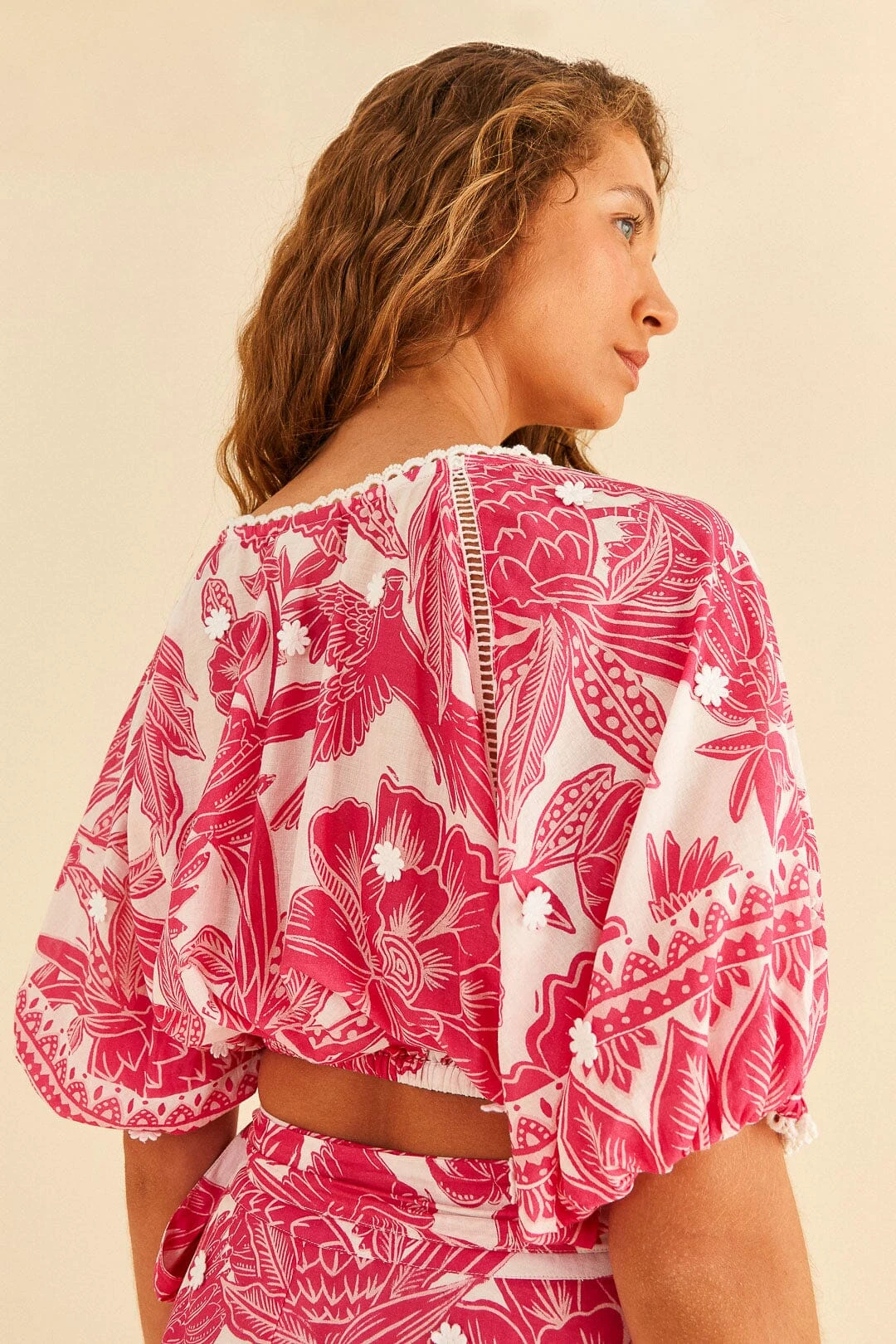Farm Rio Pink Tropical Woodcut Crop Top 2 Farm Rio Pink Tropical Woodcut Crop Top - Image 2
