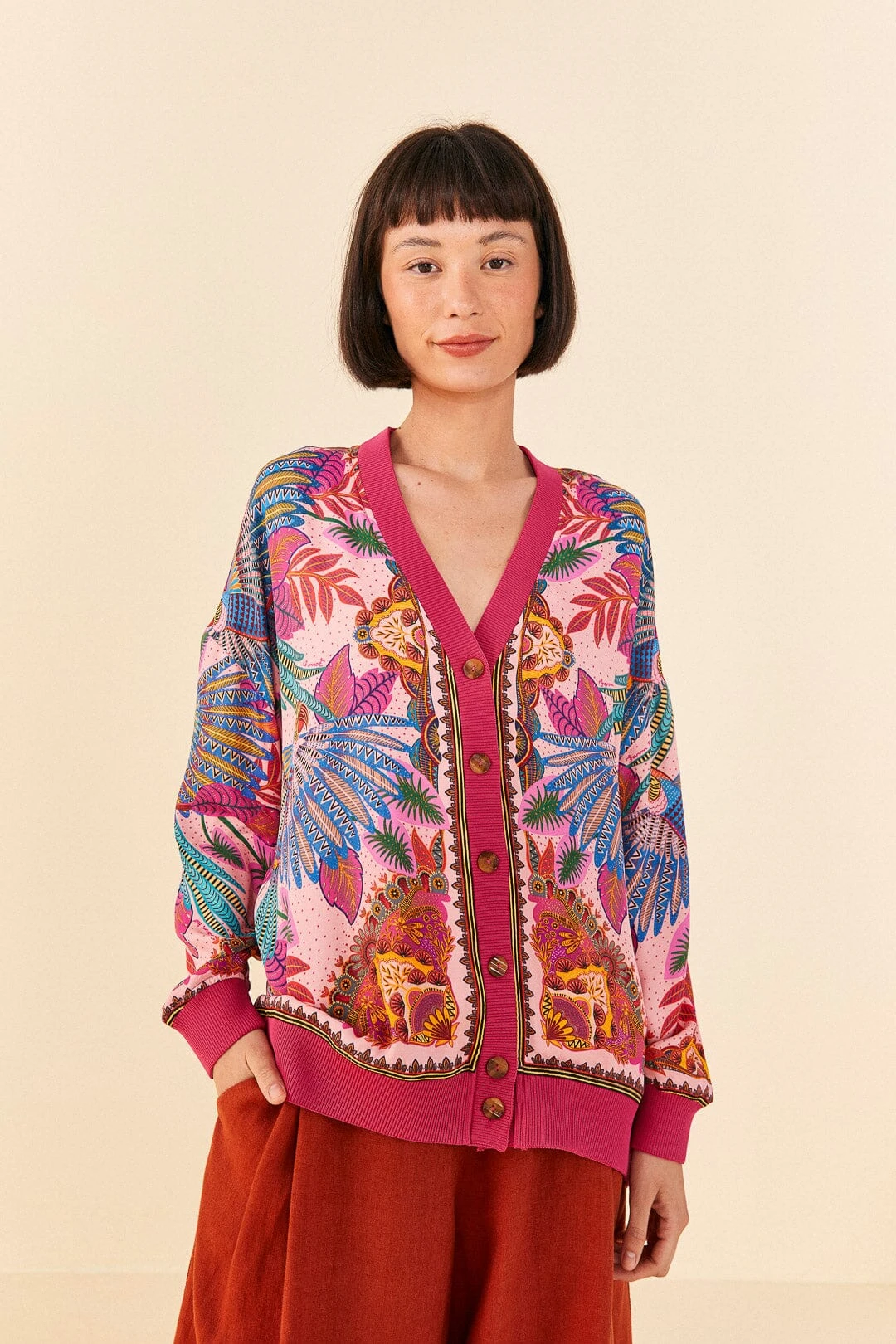Farm Rio Pink Macaw Scarf Lenzing™ Ecovero™ Viscose Cardigan 1 Farm Rio Pink Macaw Scarf Lenzing™ Ecovero™ Viscose Cardigan