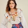 Farm Rio White Embroidered Fall Leaf Blouse