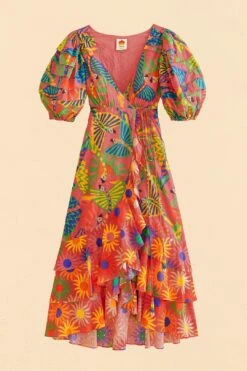 Farm Rio Coral Mixed Graphic Macaws Puff Sleeve Midi Dress -Farm Rio 309162 05