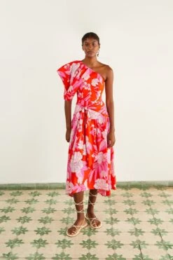 Farm Rio Red Dewdrop Floral Midi Dress