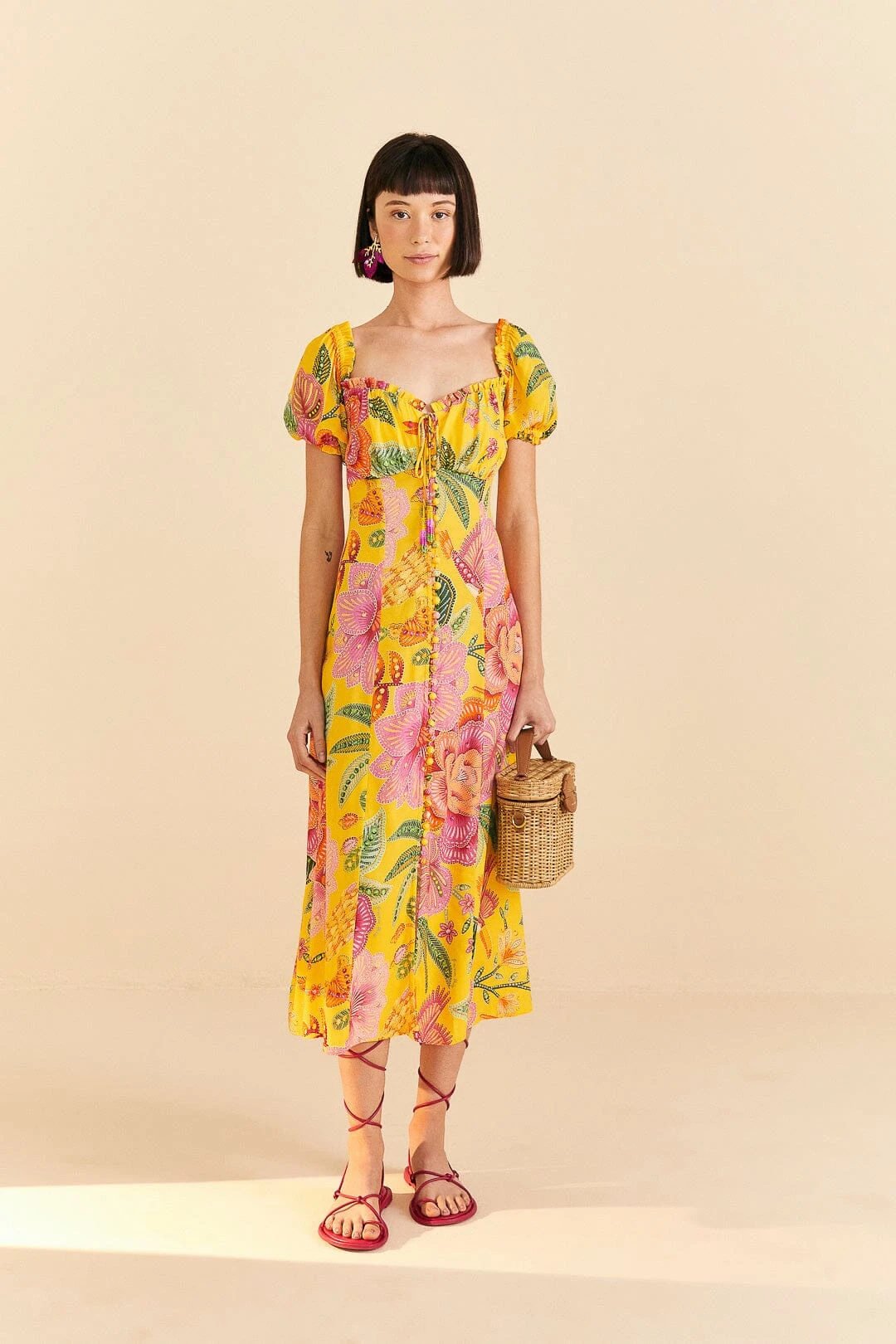 Farm Rio Yellow Macaw Bloom Puff-Sleeve Midi Dress 1 Farm Rio Yellow Macaw Bloom Puff-Sleeve Midi Dress