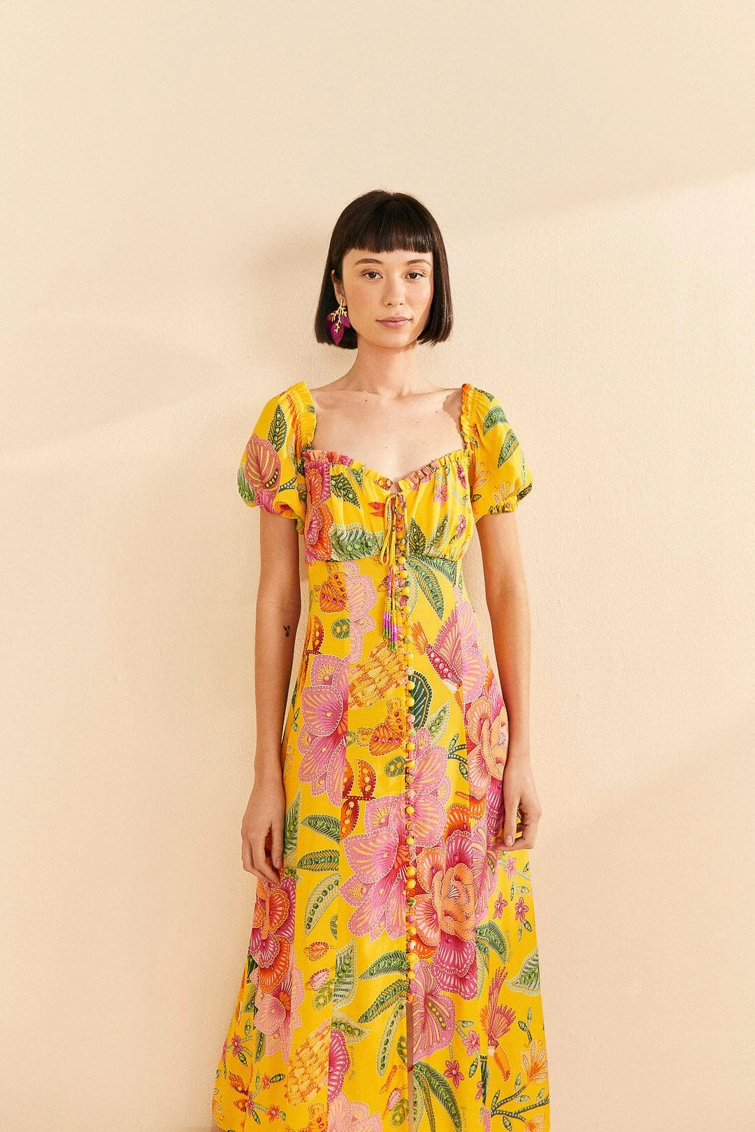 Farm Rio Yellow Macaw Bloom Puff-Sleeve Midi Dress 2 Farm Rio Yellow Macaw Bloom Puff-Sleeve Midi Dress - Image 2
