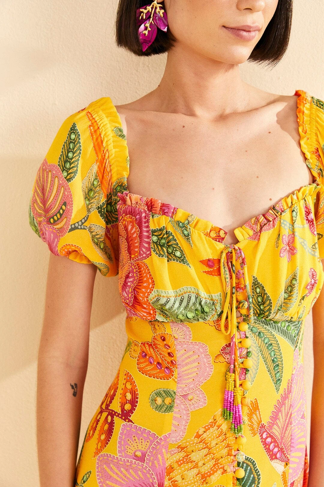 Farm Rio Yellow Macaw Bloom Puff-Sleeve Midi Dress 3 Farm Rio Yellow Macaw Bloom Puff-Sleeve Midi Dress - Image 3