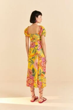 Farm Rio Yellow Macaw Bloom Puff-Sleeve Midi Dress 9 Farm Rio Yellow Macaw Bloom Puff-Sleeve Midi Dress -Farm Rio 309293 04
