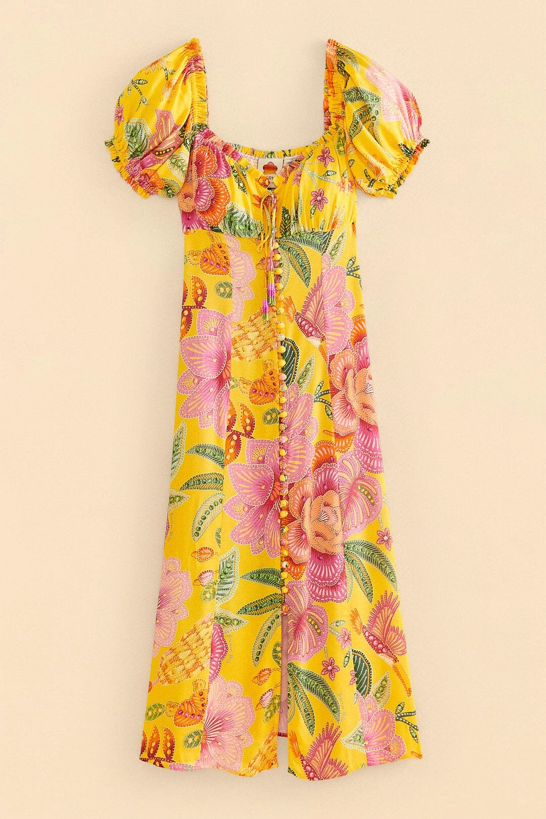 Farm Rio Yellow Macaw Bloom Puff-Sleeve Midi Dress 6 Farm Rio Yellow Macaw Bloom Puff-Sleeve Midi Dress - Image 6