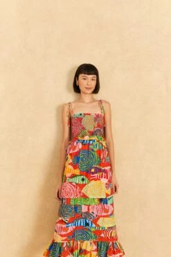 Farm Rio Red Striped Fishes Midi Dress