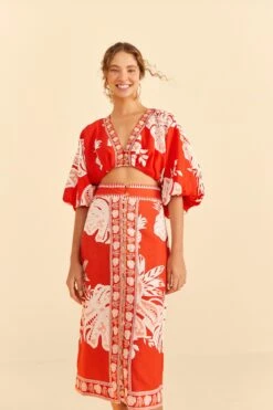 Farm Rio Red Lace Monsteras Midi Skirt