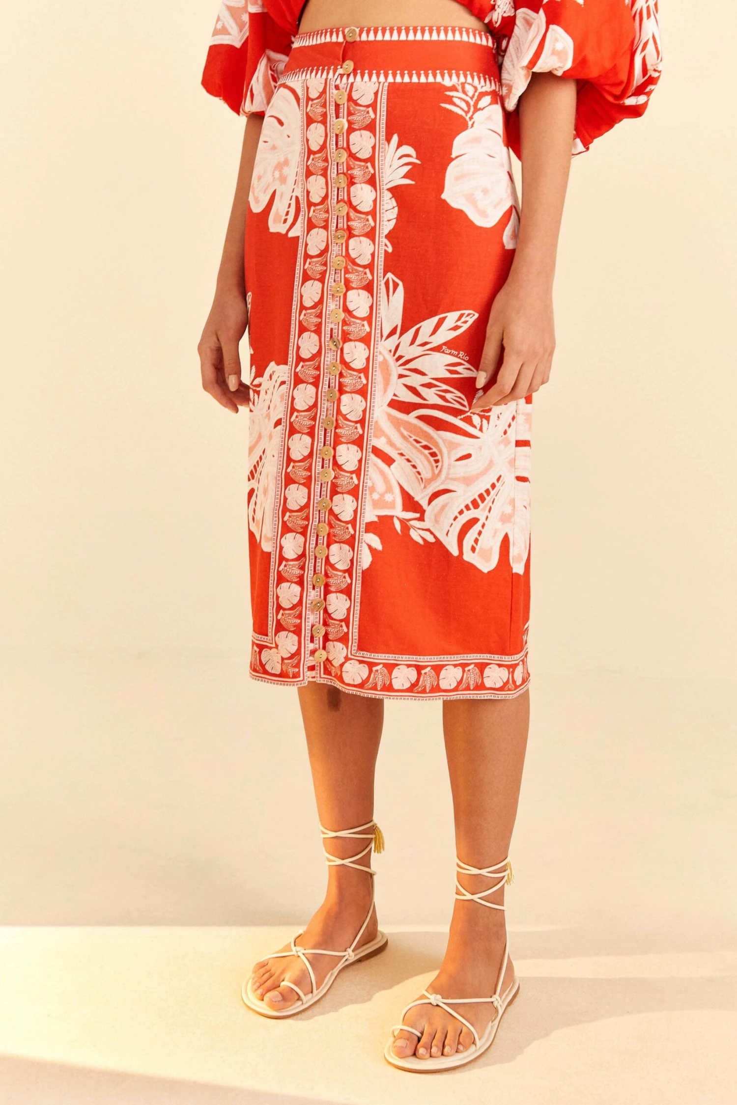 Farm Rio Red Lace Monsteras Midi Skirt 3 Farm Rio Red Lace Monsteras Midi Skirt - Image 3