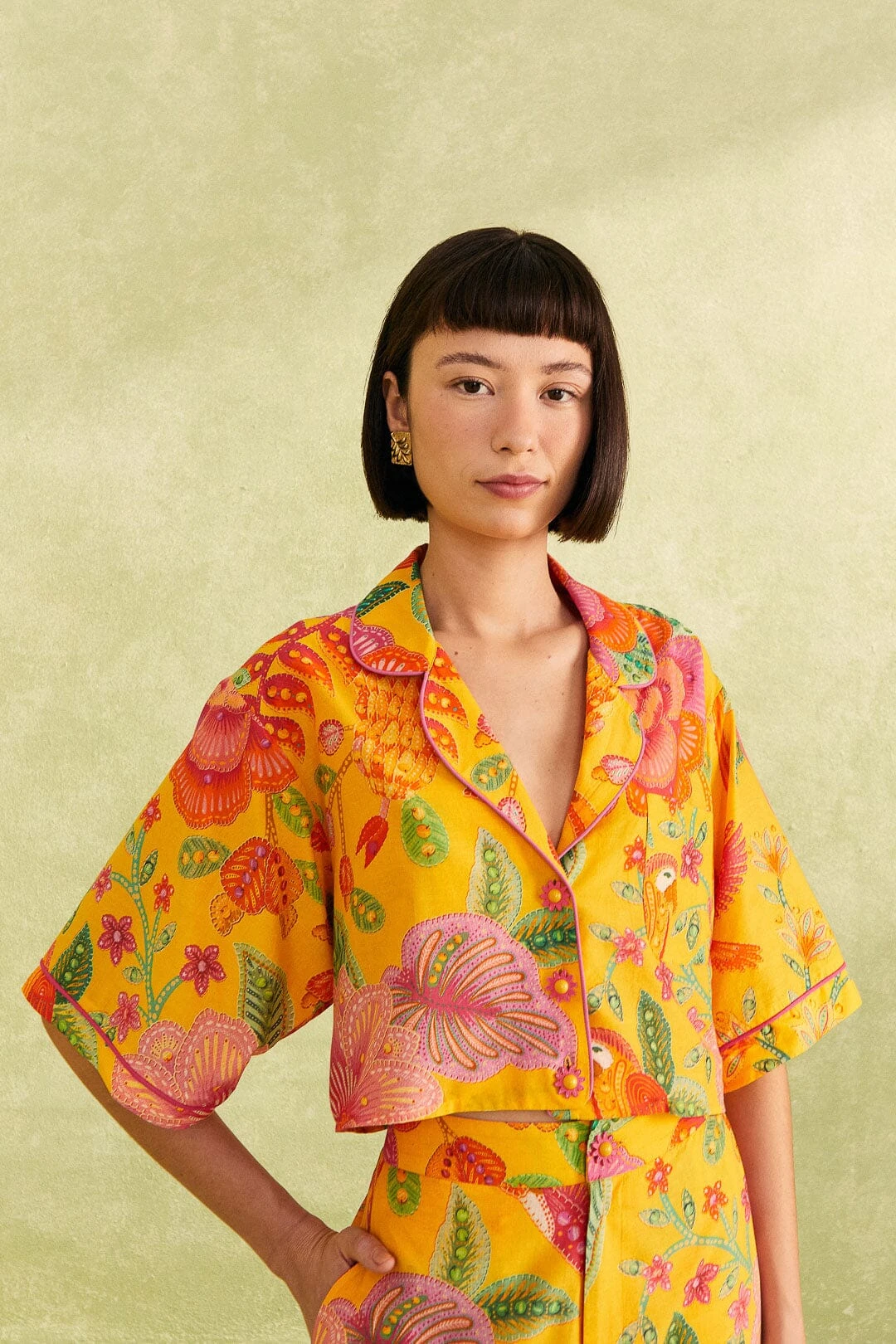 Farm Rio Yellow Macaw Bloom Shirt 1 Farm Rio Yellow Macaw Bloom Shirt