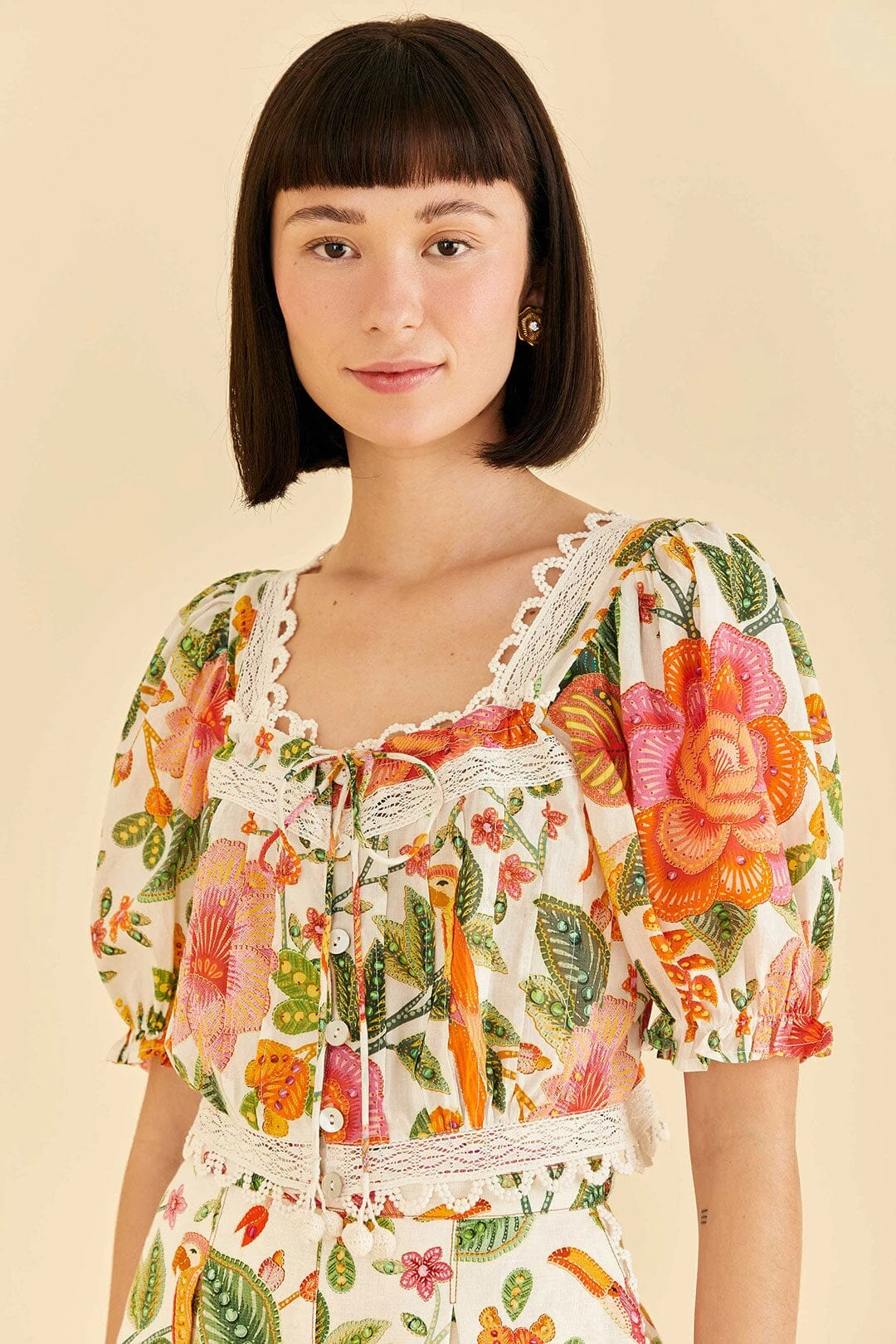 Farm Rio Off-White Macaw Bloom Blouse 1 Farm Rio Off-White Macaw Bloom Blouse