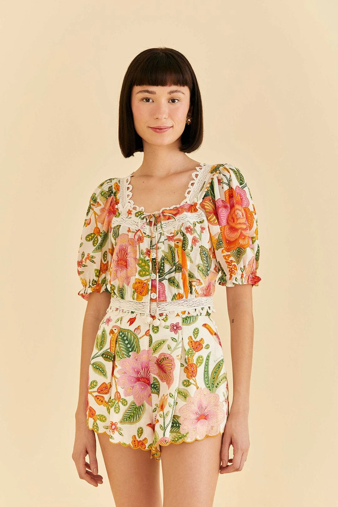 Farm Rio Off-White Macaw Bloom Blouse 2 Farm Rio Off-White Macaw Bloom Blouse - Image 2