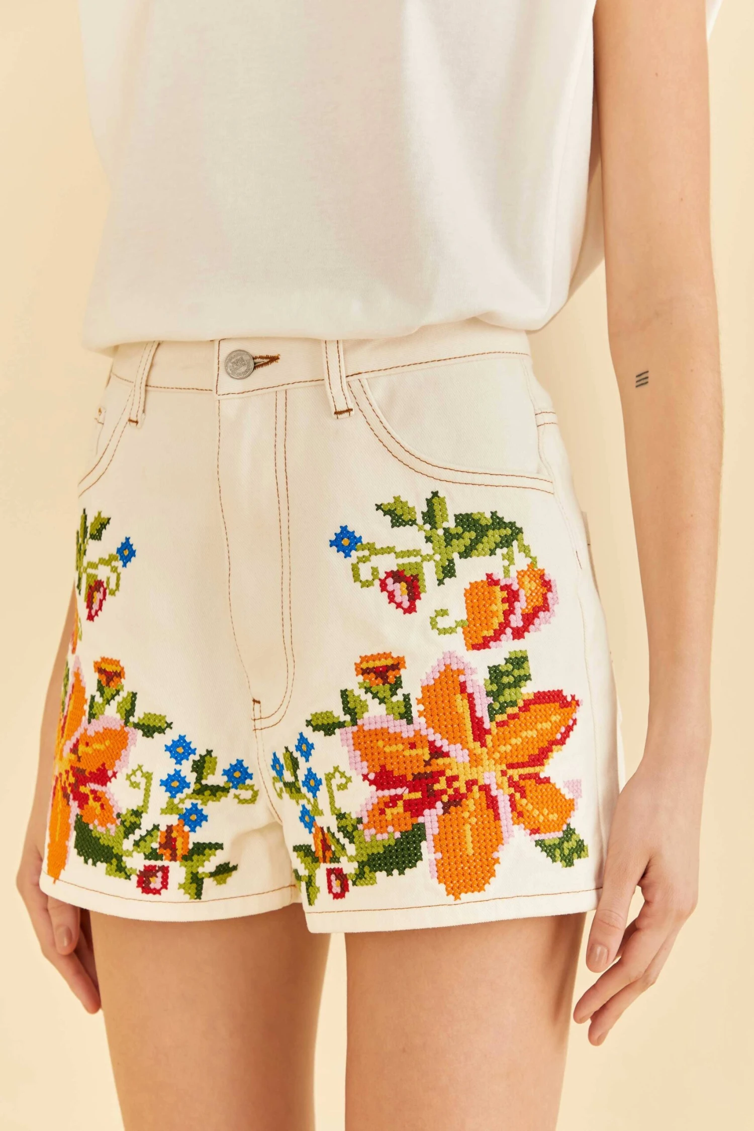Farm Rio Embroidered Floral Twill Shorts 3 Farm Rio Embroidered Floral Twill Shorts - Image 3