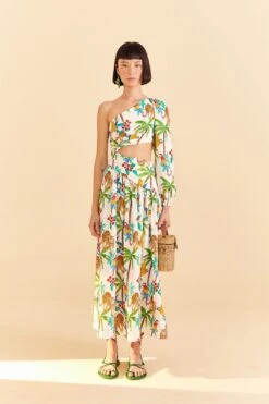 Farm Rio Tropical Paradise One Shoulder Midi Dress