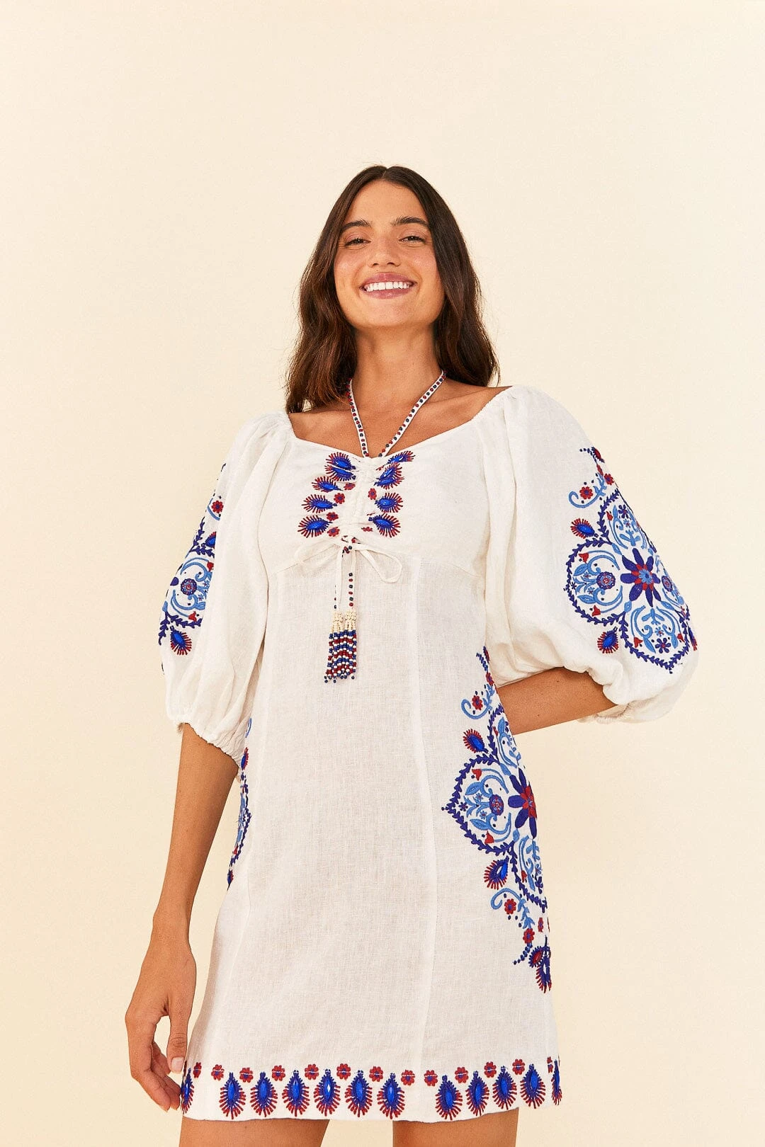 Farm Rio Off-White Navy Embroidery Mini Dress 2 Farm Rio Off-White Navy Embroidery Mini Dress - Image 2