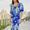 Farm Rio Blue Tropical Groove Knit Midi Dress