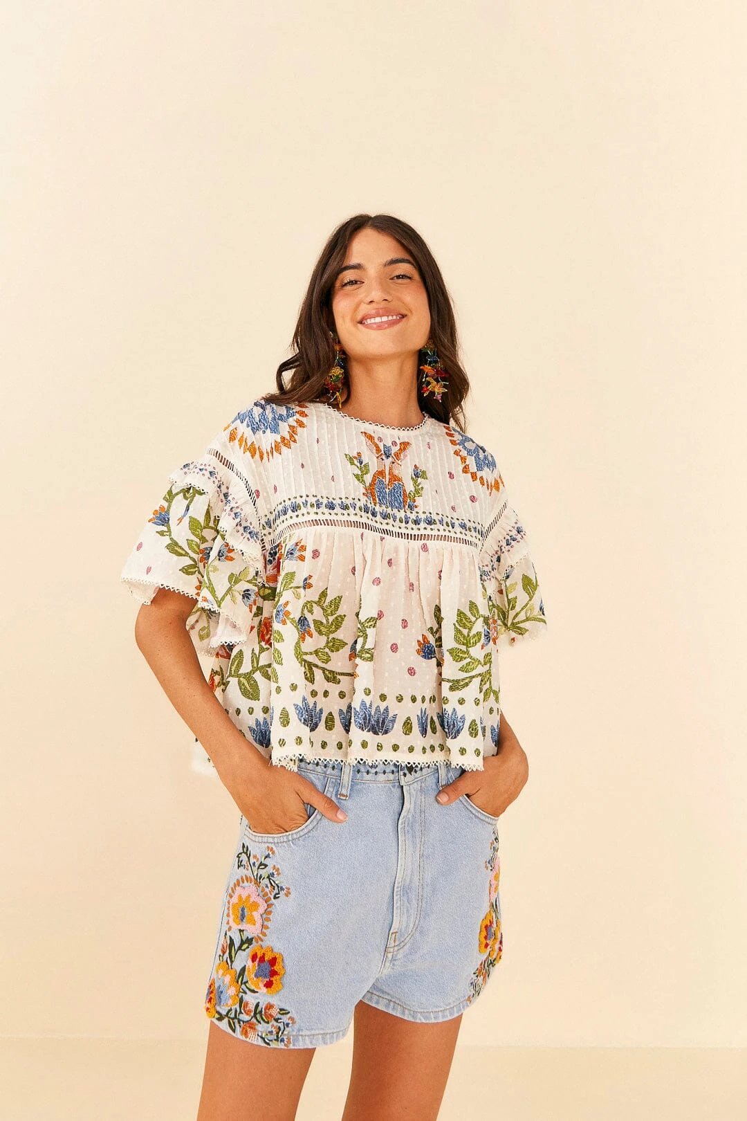 Farm Rio Summer Garden Embroidered Denim Shorts 1 Farm Rio Summer Garden Embroidered Denim Shorts