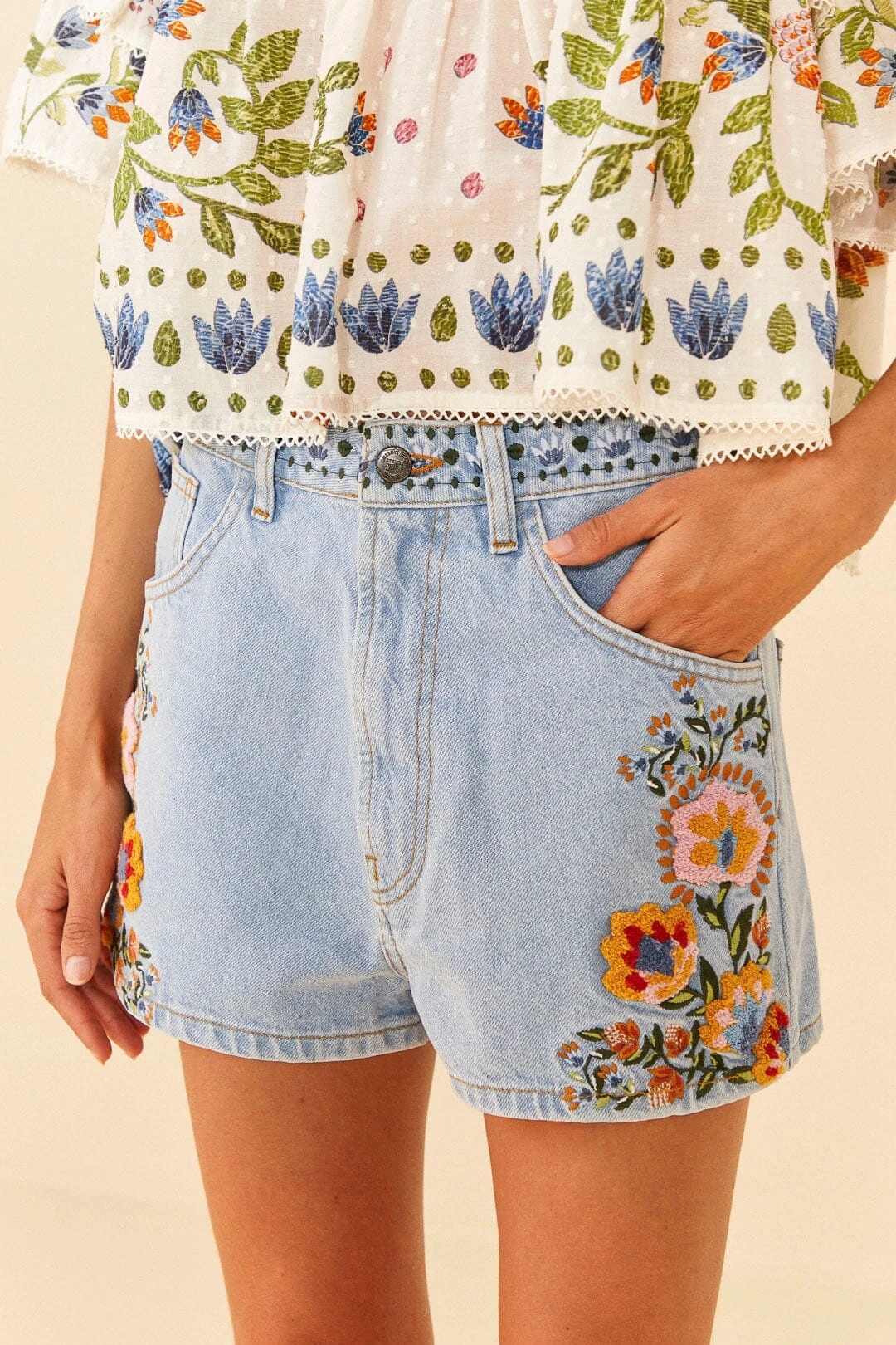 Farm Rio Summer Garden Embroidered Denim Shorts 3 Farm Rio Summer Garden Embroidered Denim Shorts - Image 3
