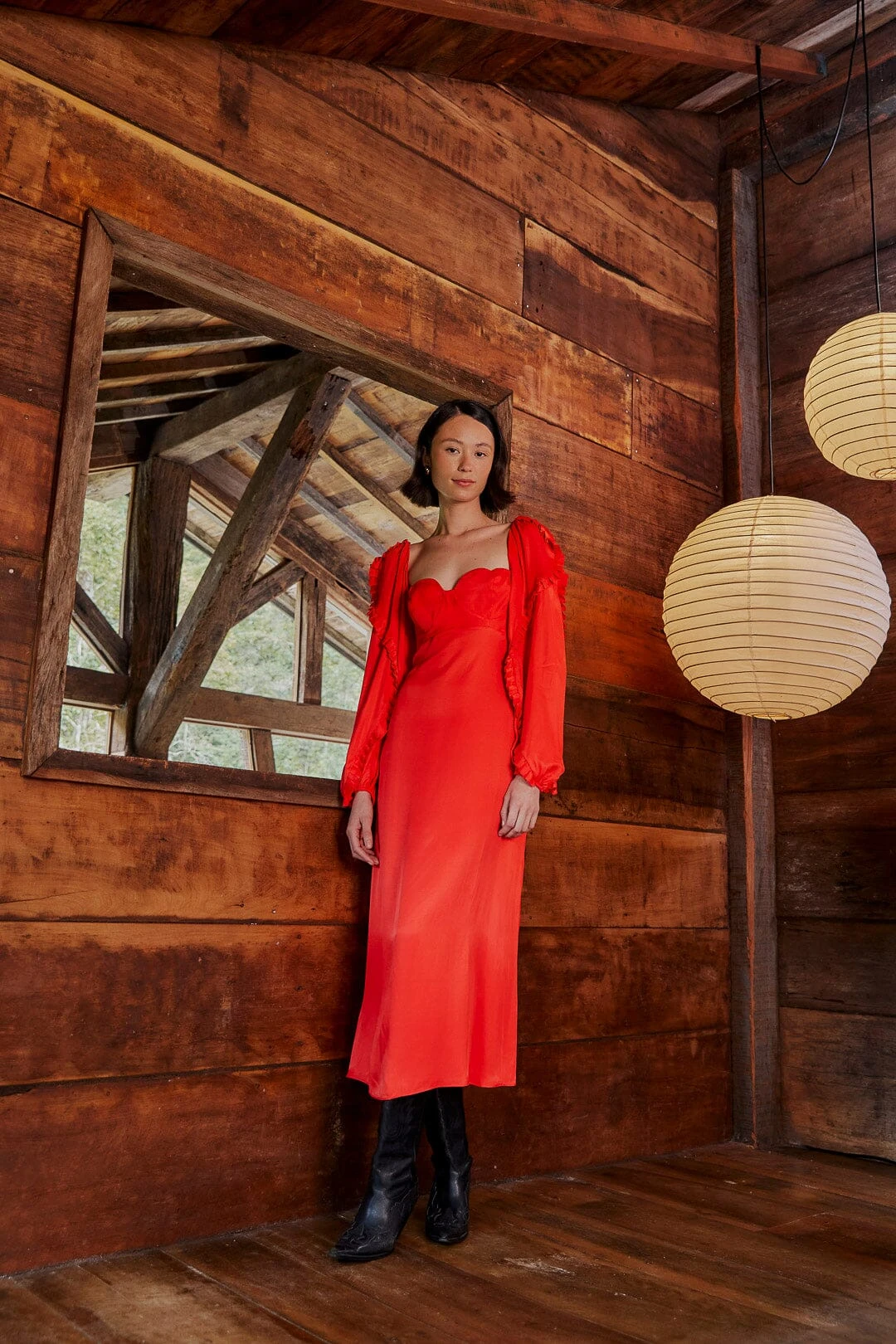 Farm Rio Red Heart Shaped Neckline Long Sleeve Midi Dress 1 Farm Rio Red Heart Shaped Neckline Long Sleeve Midi Dress