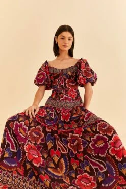 Farm Rio Brown Bright Flora Short Sleeve Midi Dress