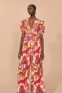 Farm Rio Rose Wild Horses Pleated Short Sleeve Jumpsuit -Farm Rio 312232 02 1