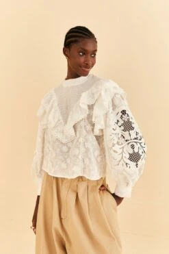 Farm Rio Off-White Smocked Yoke 3d Flower Blouse