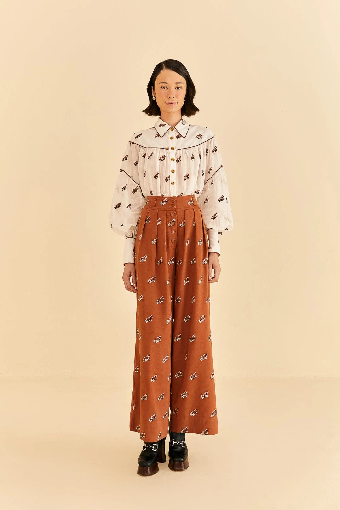 Farm Rio Caramel Embroidered Horses Pants 1 Farm Rio Caramel Embroidered Horses Pants