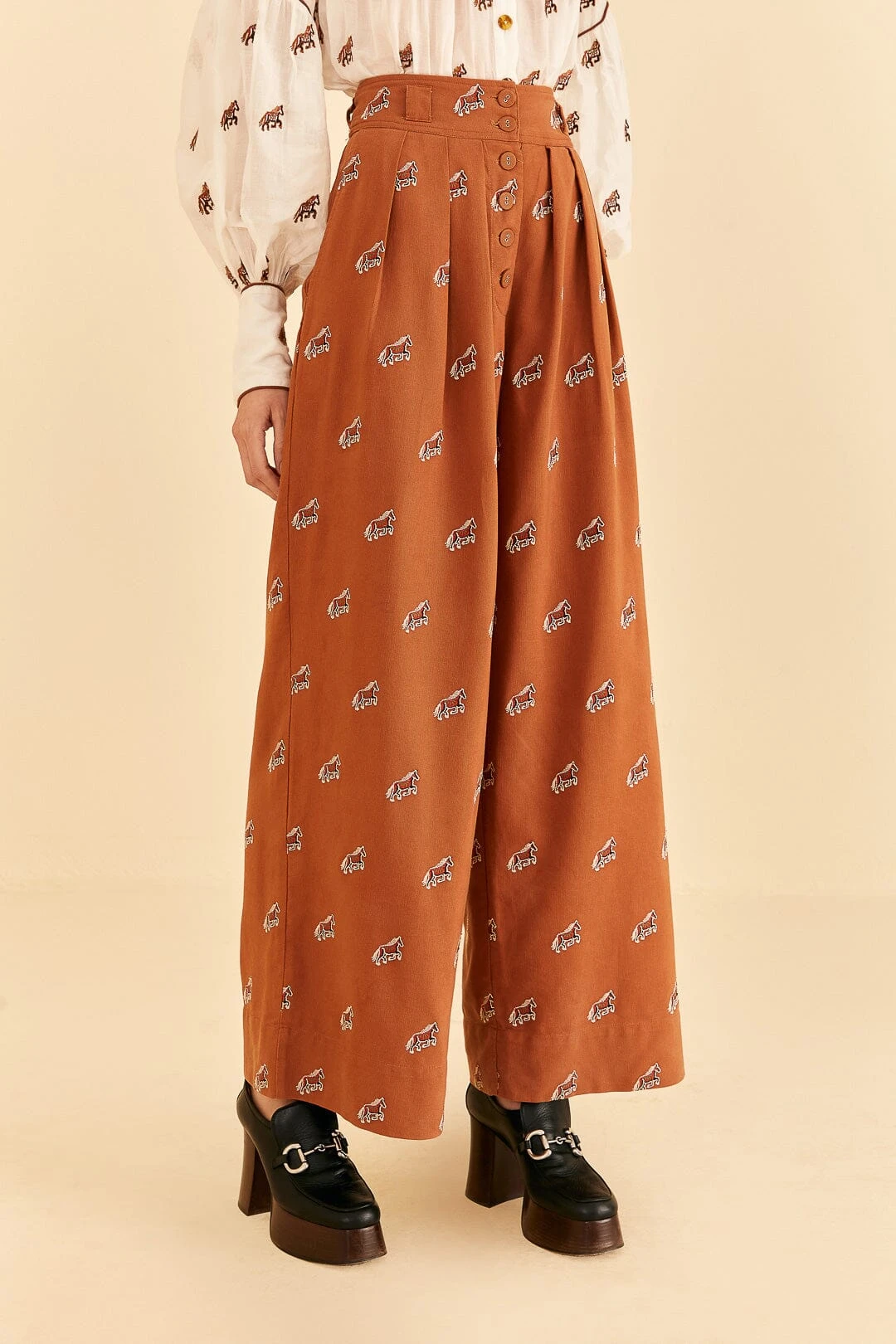 Farm Rio Caramel Embroidered Horses Pants 3 Farm Rio Caramel Embroidered Horses Pants - Image 3