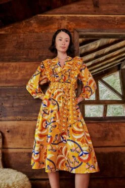 Farm Rio Yellow Palms Party Midi Dress
