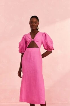 Farm Rio Pink Cut Out Short Sleeve Midi Dress