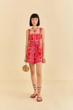 Farm Rio Red Jungle Scarf Romper