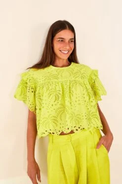 Farm Rio Lime Green Palm Tree Richelieu Blouse