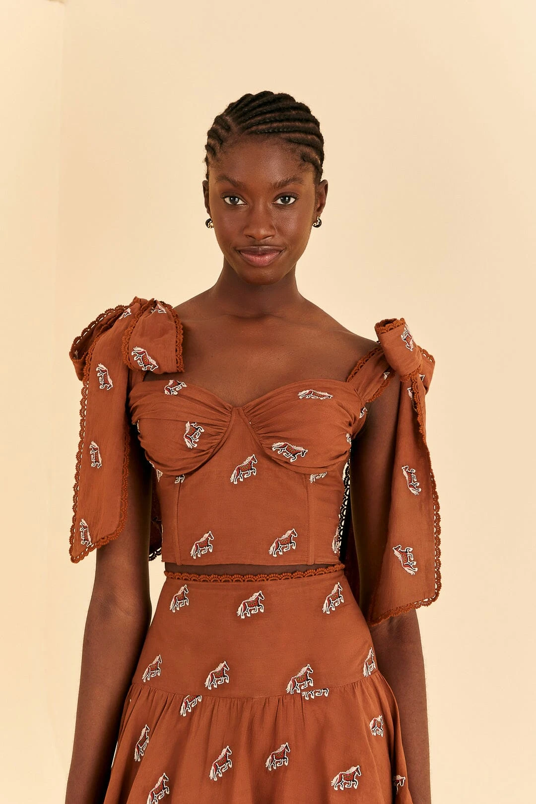 Farm Rio Caramel Embroidered Horses Crop Top 1 Farm Rio Caramel Embroidered Horses Crop Top