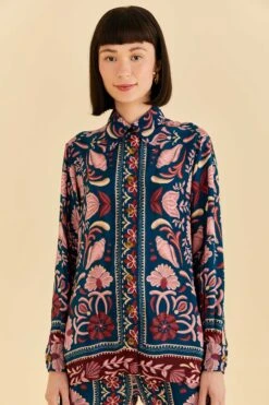 Farm Rio Teal Seashell Tapestry Shirt