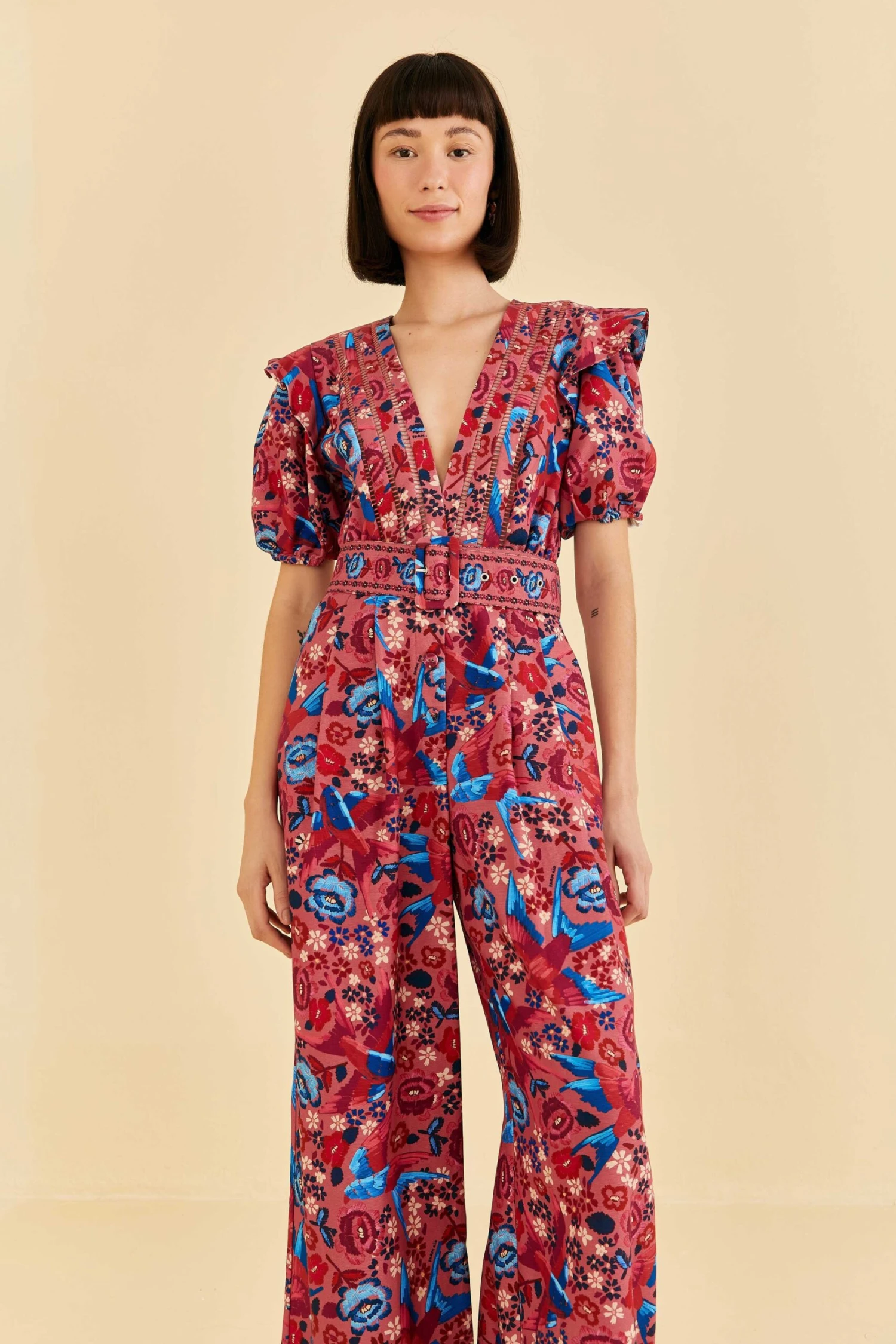 Farm Rio Blush Floral Birds Jumpsuit 2 Farm Rio Blush Floral Birds Jumpsuit - Image 2
