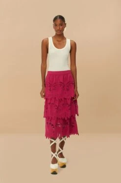 Pink Daisy Embroidered Midi Skirt